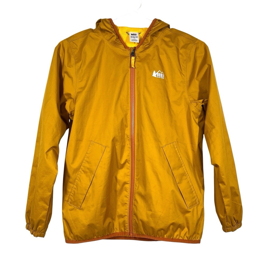 REI Co-op Groundbreaker Rain Jacket Youth M/10-12 Yellow Hood DWR Windproof